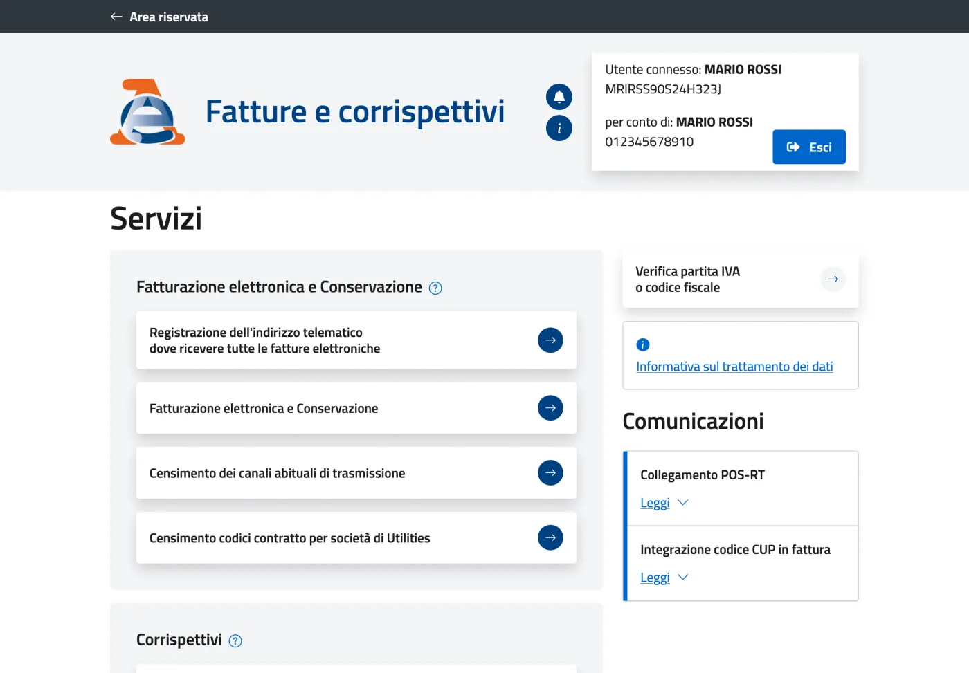 Elenco Servizi del portale con il gruppo Fatturazione elettronica e Conservazione