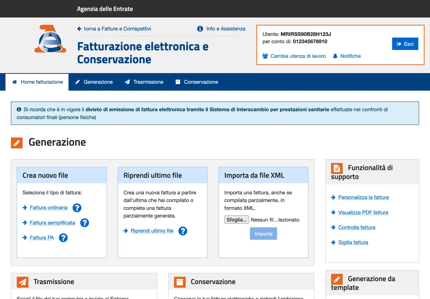 Riquadro Importa da file XML con i pulsanti Sfoglia e Importa nella scheda Generazione