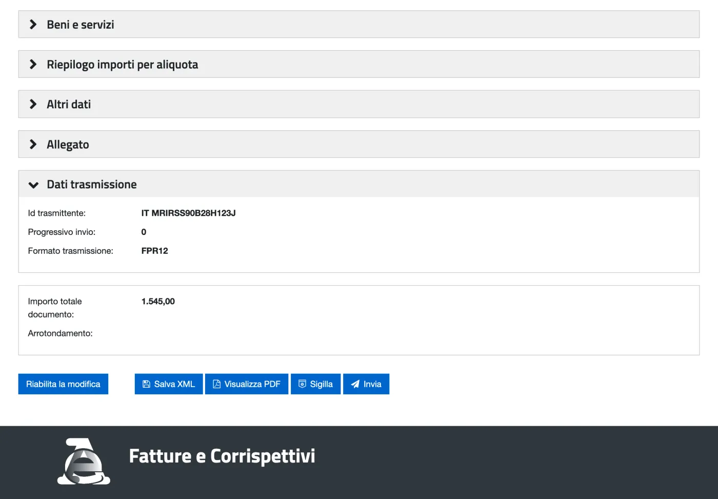 Pagina di riepilogo della fattura con i pulsanti Salva XML, Sigilla e Invia